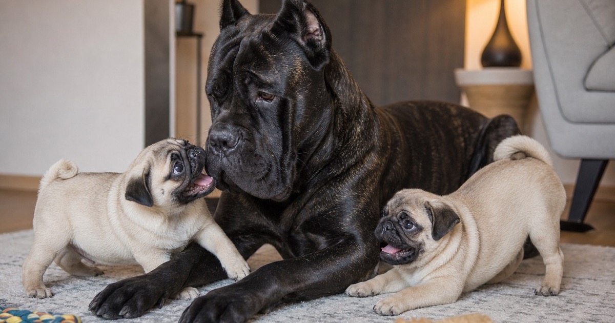 A Cane Corso and two pug puppies, the test image behind the drift test